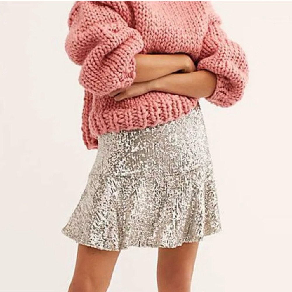 Free People Silver Sequin Flared Mini Skirt